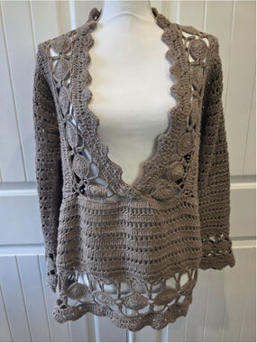 Pure Handknit Crochet Cardigan Boho Cotton Open Knit Festival Duster Taupe L XL